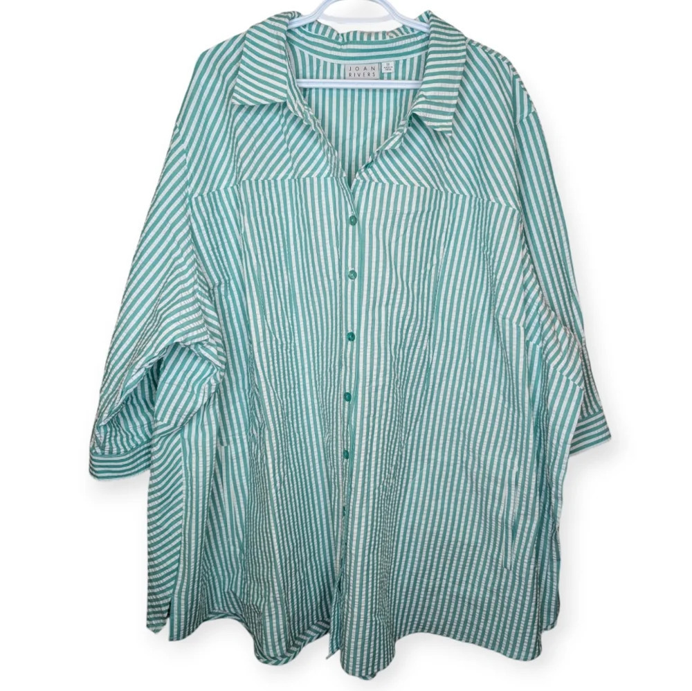 Joan Rivers Green & White Striped Gauze Textured 3/4 Sleeve Light Weight  Top 5X